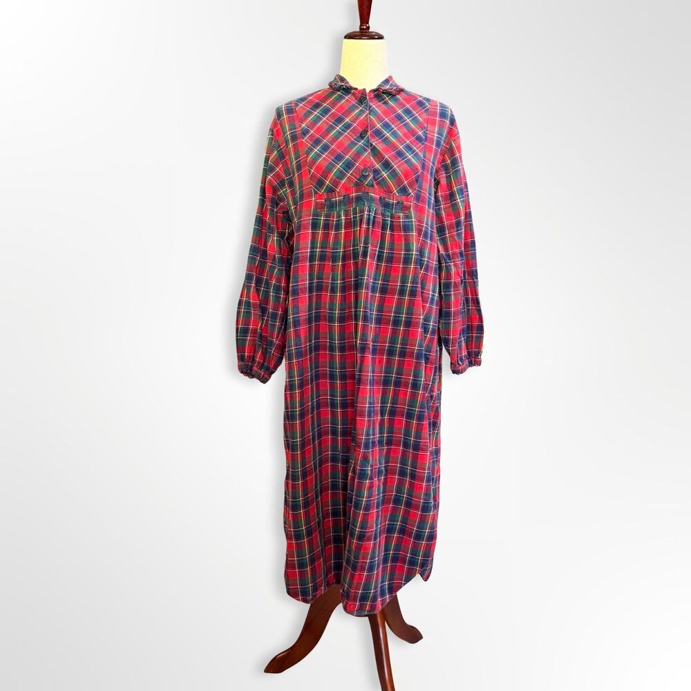 VTG 90s 100% Cotton Red Plaid Flannel Long Night Gown, M Cozy Cabincore Cottage